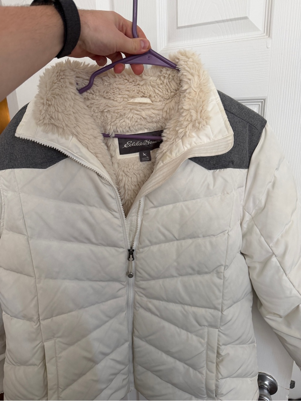 Eddie Bauer Cream Quilted Puffer Jacket with Gray Shoulder Accents